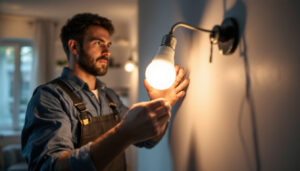 A photograph of a lighting contractor expertly installing led light bulbs in a modern residential setting