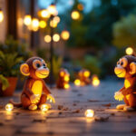 A photograph of a vibrant outdoor scene featuring solar lights illuminating a garden or patio