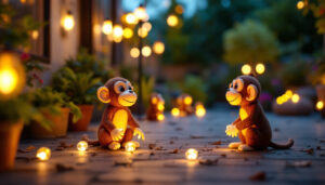A photograph of a vibrant outdoor scene featuring solar lights illuminating a garden or patio