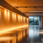 A photograph of a modern architectural space illuminated by innovative smart lighting fixtures