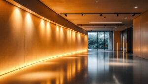 A photograph of a modern architectural space illuminated by innovative smart lighting fixtures