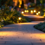 A photograph of a beautifully illuminated outdoor pathway featuring various styles of solar pathway lights