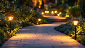 A photograph of a beautifully illuminated outdoor pathway featuring various styles of solar pathway lights