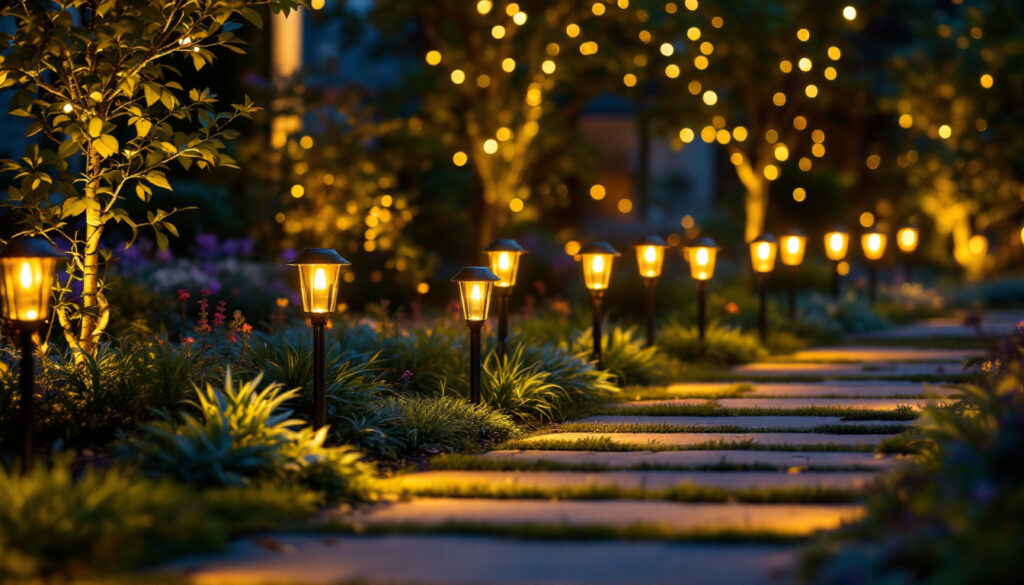 A photograph of a beautifully illuminated outdoor space featuring solar led lights