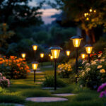 A photograph of a beautifully illuminated outdoor garden scene at dusk