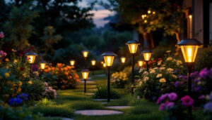 A photograph of a beautifully illuminated outdoor garden scene at dusk