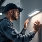 A photograph of a skilled lighting contractor installing a sleek wall-mounted led light in a modern interior space