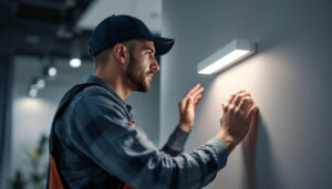 A photograph of a skilled lighting contractor installing a sleek wall-mounted led light in a modern interior space