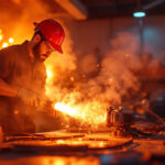 A photograph of a lighting contractor working with high-heat equipment