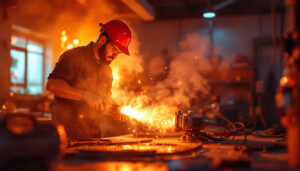 A photograph of a lighting contractor working with high-heat equipment