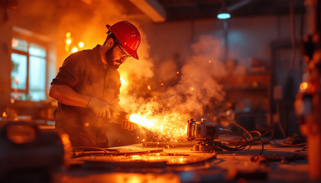 A photograph of a lighting contractor working with high-heat equipment