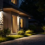 A photograph of a well-lit outdoor area showcasing various led security lights installed around a home or commercial property