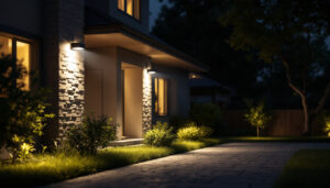 A photograph of a well-lit outdoor area showcasing various led security lights installed around a home or commercial property