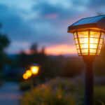 A photograph of a beautifully illuminated solar post light fixture installed in an outdoor setting
