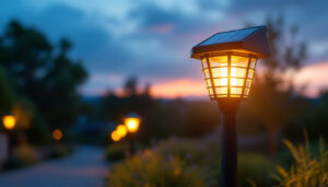 A photograph of a beautifully illuminated solar post light fixture installed in an outdoor setting