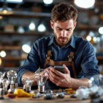 A photograph of a lighting contractor examining a variety of light bulbs in a well-lit workshop