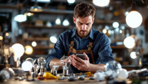 A photograph of a lighting contractor examining a variety of light bulbs in a well-lit workshop