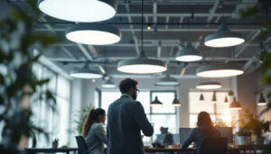 A photograph of a modern office space featuring various ceiling light designs