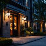 A photograph of a beautifully illuminated outdoor space featuring solar lights strategically placed around a store entrance