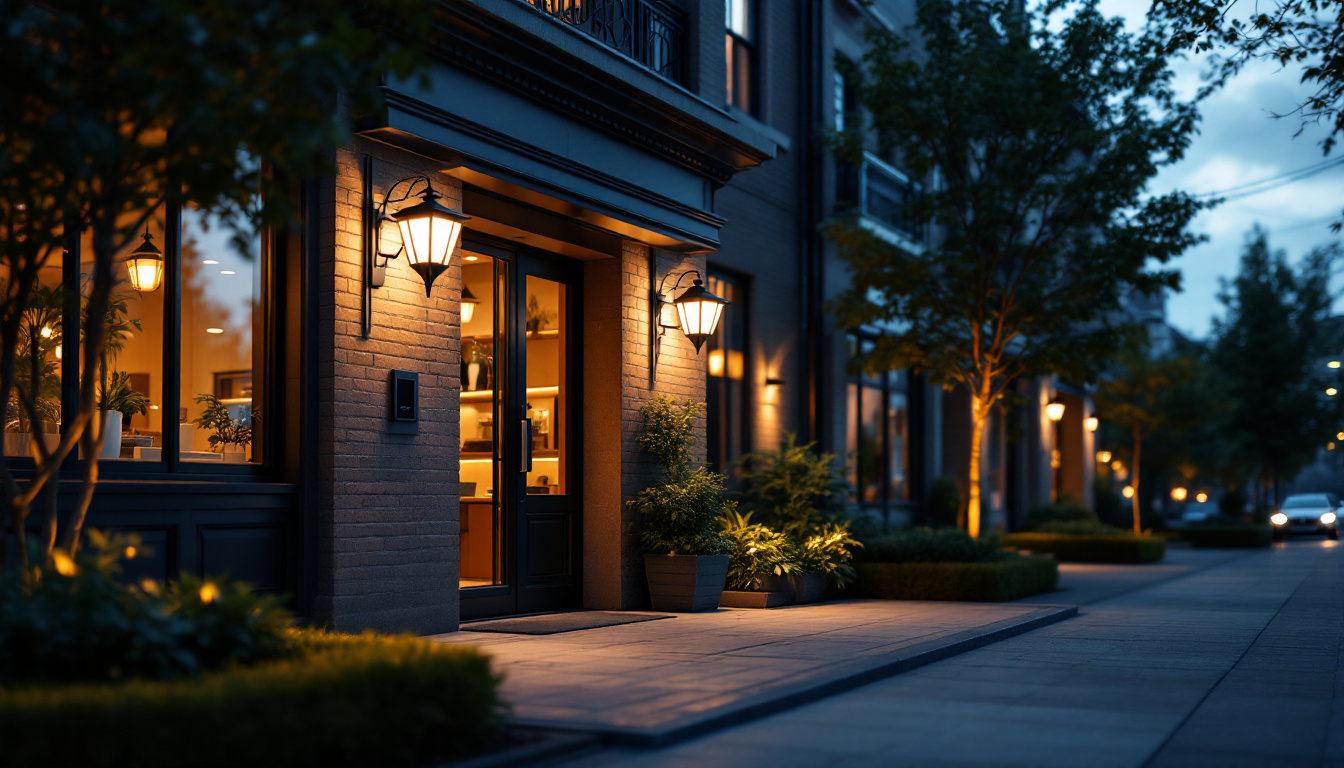 A photograph of a beautifully illuminated outdoor space featuring solar lights strategically placed around a store entrance