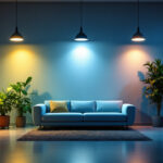 A photograph of a well-lit interior space showcasing a variety of lighting options at different brightness levels