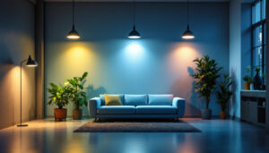 A photograph of a well-lit interior space showcasing a variety of lighting options at different brightness levels