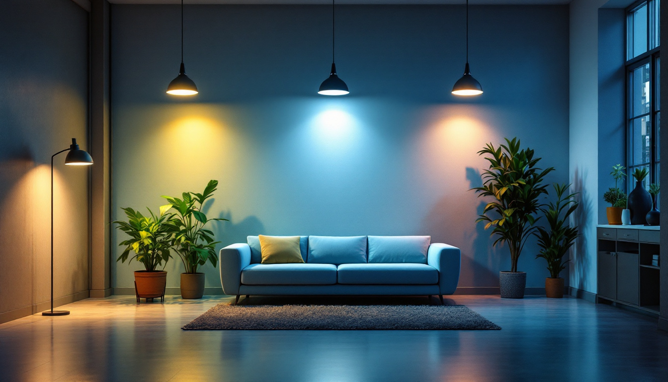 A photograph of a well-lit interior space showcasing a variety of lighting options at different brightness levels