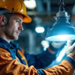 A photograph of a lighting contractor expertly installing a metal halide lamp in an industrial setting
