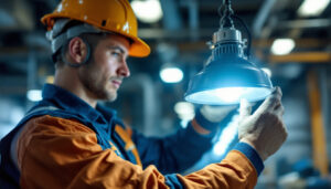 A photograph of a lighting contractor expertly installing a metal halide lamp in an industrial setting