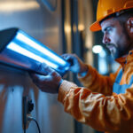 A photograph of a lighting contractor installing or examining an ultraviolet light sanitizer in a commercial or residential setting