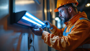 A photograph of a lighting contractor installing or examining an ultraviolet light sanitizer in a commercial or residential setting