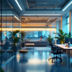 A photograph of a modern office space illuminated by energy-efficient led lighting