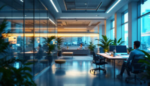 A photograph of a modern office space illuminated by energy-efficient led lighting
