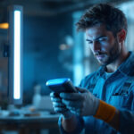 A photograph of a lighting contractor using the u-clean uv light sanitizing device in a well-lit workspace