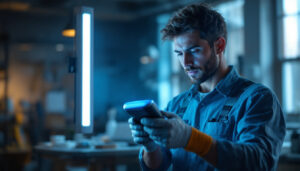 A photograph of a lighting contractor using the u-clean uv light sanitizing device in a well-lit workspace