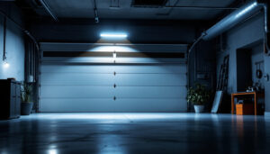 A photograph of a well-lit garage showcasing a modern led garage light installation