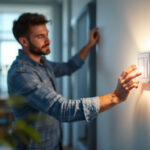 A photograph of a lighting contractor installing a commercial motion-activated light switch in a well-lit office environment