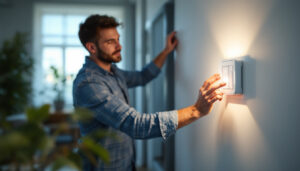 A photograph of a lighting contractor installing a commercial motion-activated light switch in a well-lit office environment