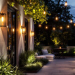 A photograph of a beautifully illuminated outdoor space featuring stylish wall hanging lights that enhance the ambiance while showcasing energy-efficient design