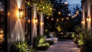 A photograph of a beautifully illuminated outdoor space featuring stylish wall hanging lights that enhance the ambiance while showcasing energy-efficient design