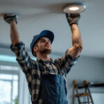 A photograph of a skilled lighting contractor installing ceiling recessed led fixtures in a modern interior space