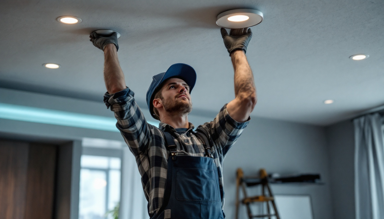 A photograph of a skilled lighting contractor installing ceiling recessed led fixtures in a modern interior space