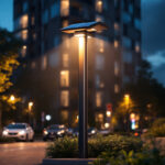 A photograph of a modern lamppost solar lighting installation in an urban setting