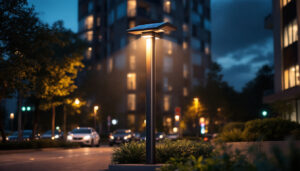 A photograph of a modern lamppost solar lighting installation in an urban setting