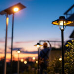 A photograph of a well-lit outdoor space showcasing solar-powered led lighting fixtures in use