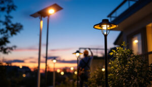 A photograph of a well-lit outdoor space showcasing solar-powered led lighting fixtures in use