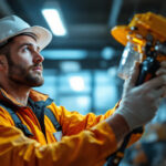 A photograph of a lighting contractor confidently installing or inspecting exit lights in a commercial setting