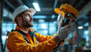 A photograph of a lighting contractor confidently installing or inspecting exit lights in a commercial setting