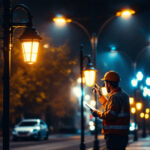 A photograph of a well-lit street scene featuring various types of street lights