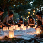 A photograph of a group of people working together to set up and arrange lanterns in an outdoor setting